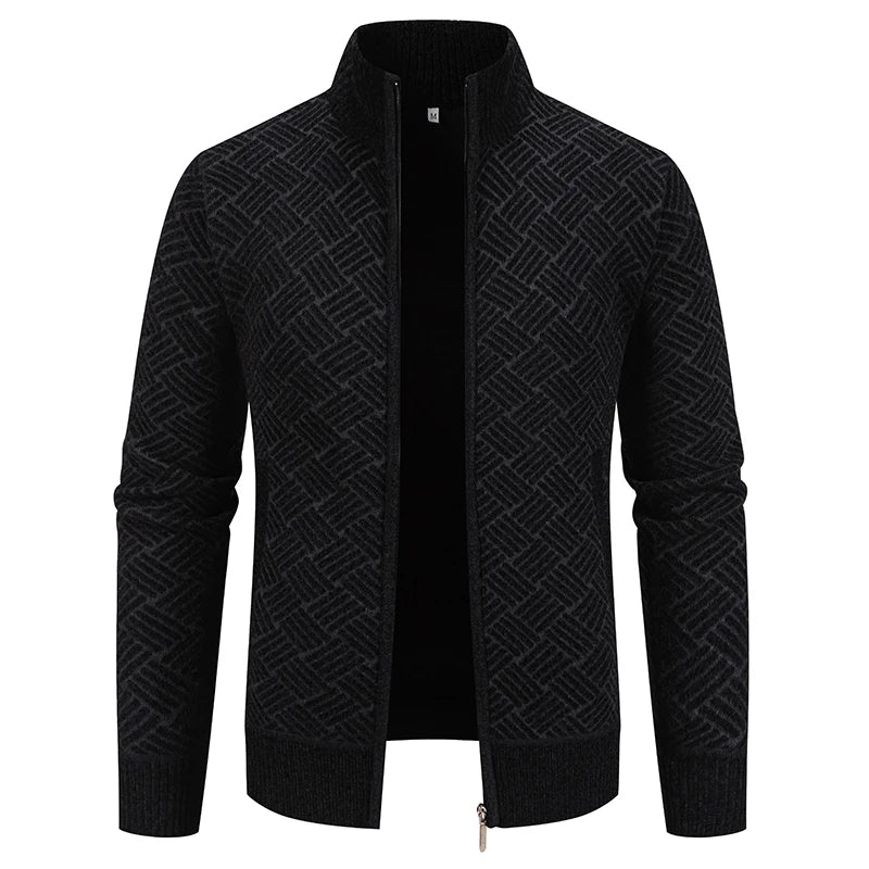 Mens Windproof Jacket Full Zip Fleeced Sweater Cardigan Contrast Stand Collar Sweaters Coat Autumn Winter Velvet Clothes
