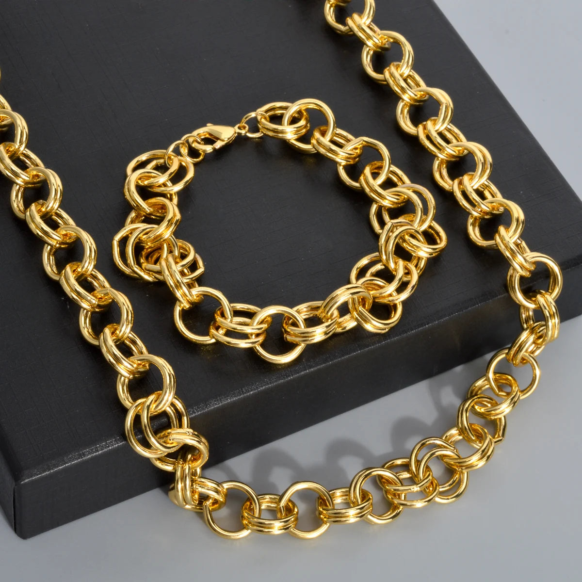 2pcs Gold Plated Necklace Bracelet For Man Women Link Chain Necklace Bracelet O Chain Jewelry Set Punk Hiphop Party Wedding Gift