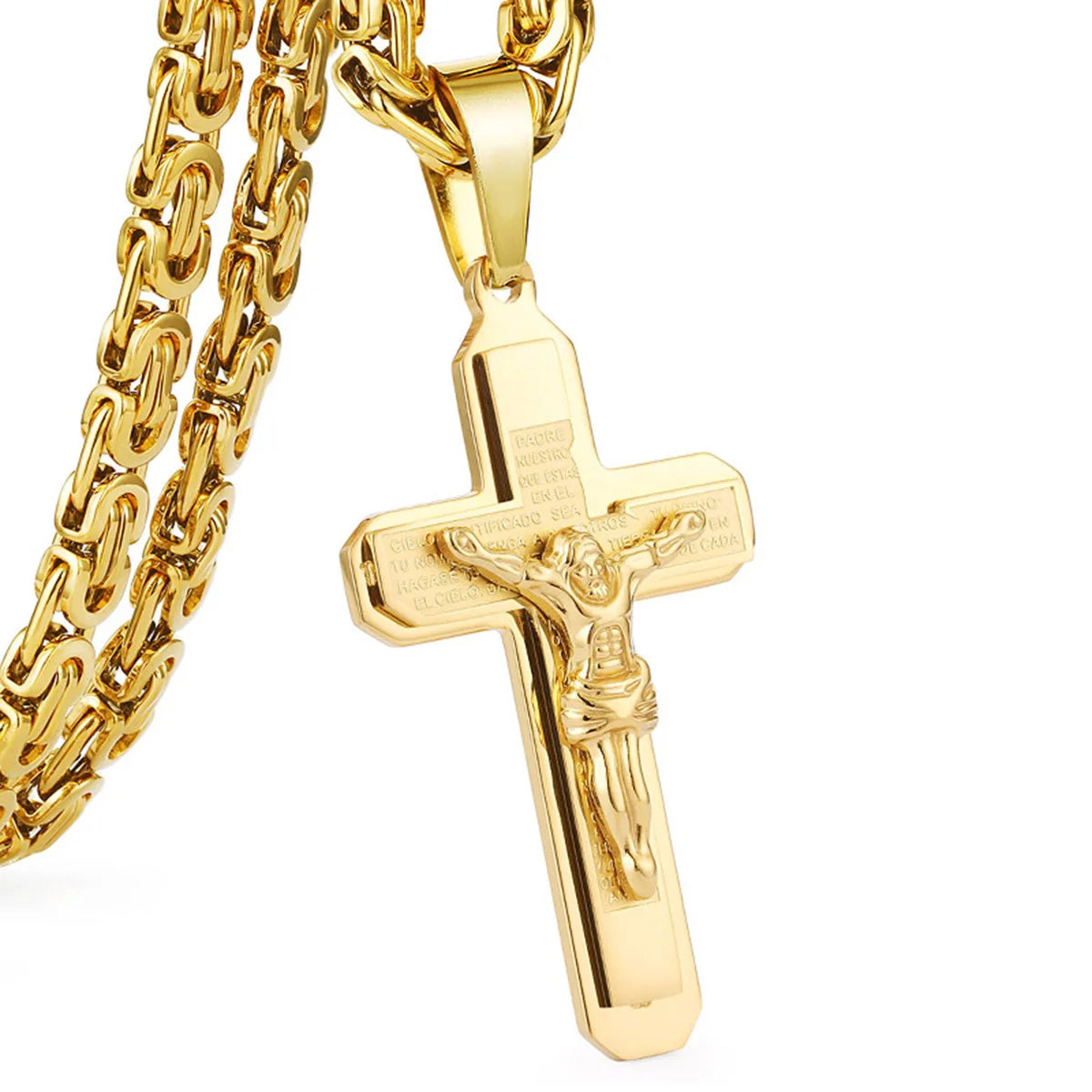Christian Crucifix Jesus Christ Cross Necklace with Bible Stainless Steel Byzantine Chain Necklace Baptism Prayer Jewelry Men