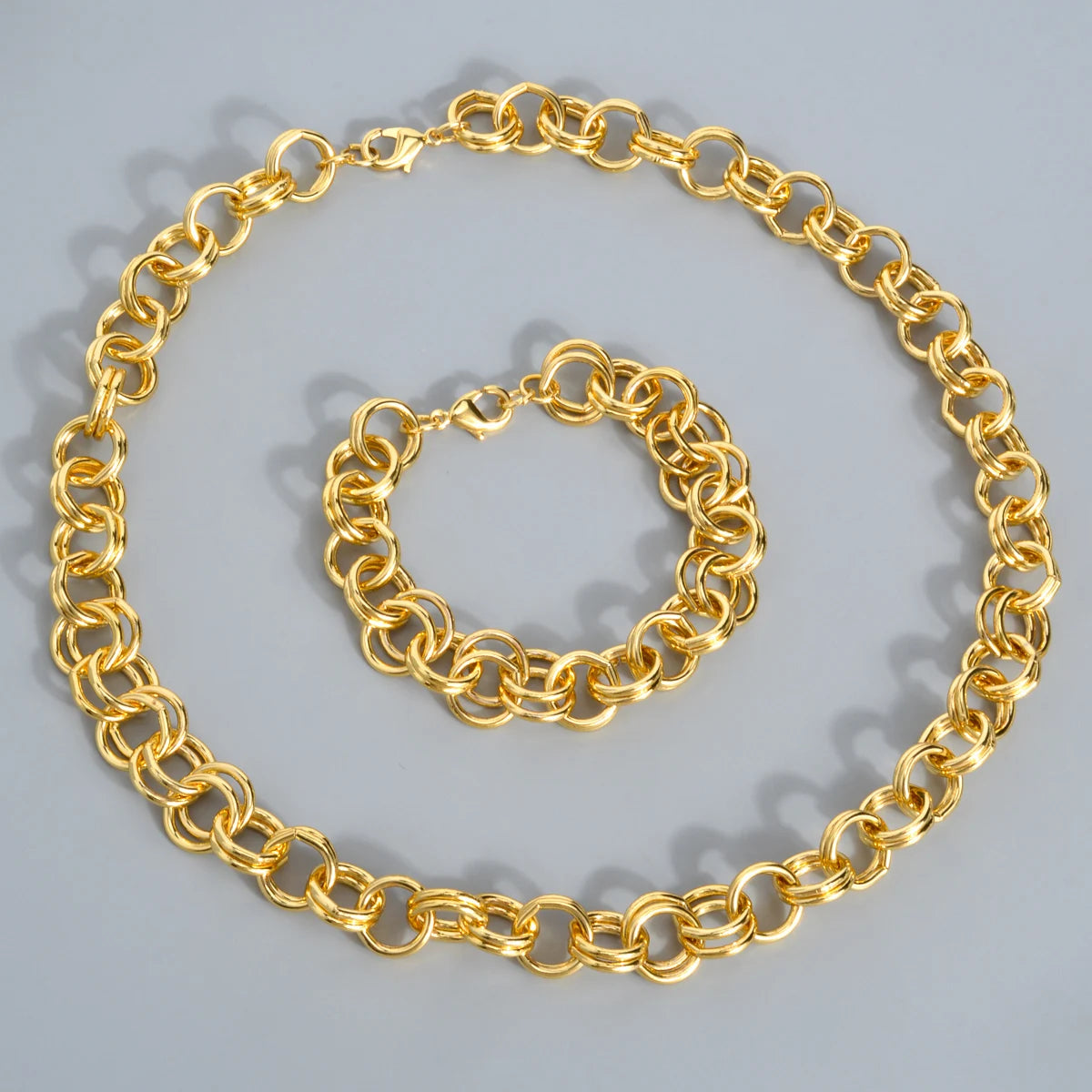 2pcs Gold Plated Necklace Bracelet For Man Women Link Chain Necklace Bracelet O Chain Jewelry Set Punk Hiphop Party Wedding Gift