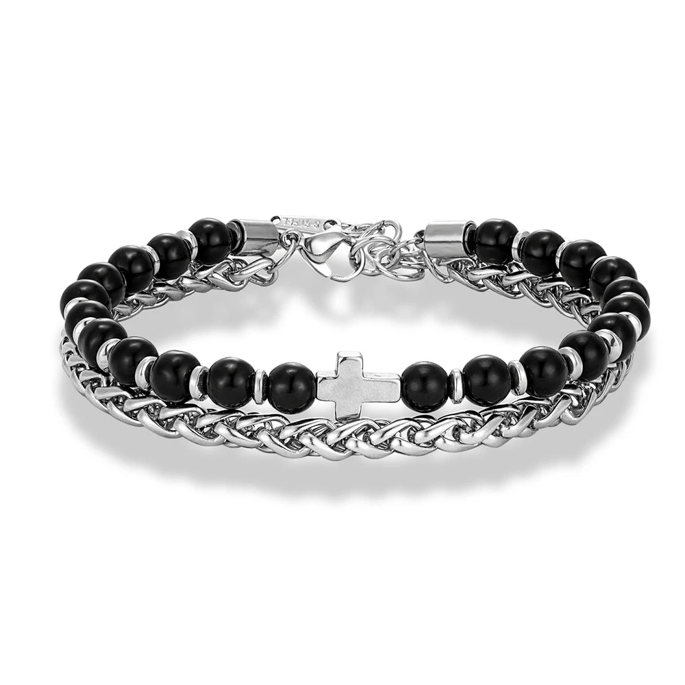 6mmTiger Eye Bead Norse Bear Head Viking Skull Cross Bracelet Men Stainless Steel Eye of Horus/Tree of Life Bangle Charm Jewelry