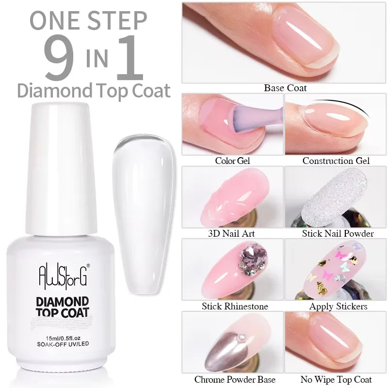 AWStorG 15ml One Step Gel Polish 9 In 1 Diamond Top Coat  Reinforce Long Lasting UV Soak Off Gel Varnish High Light Nail Art