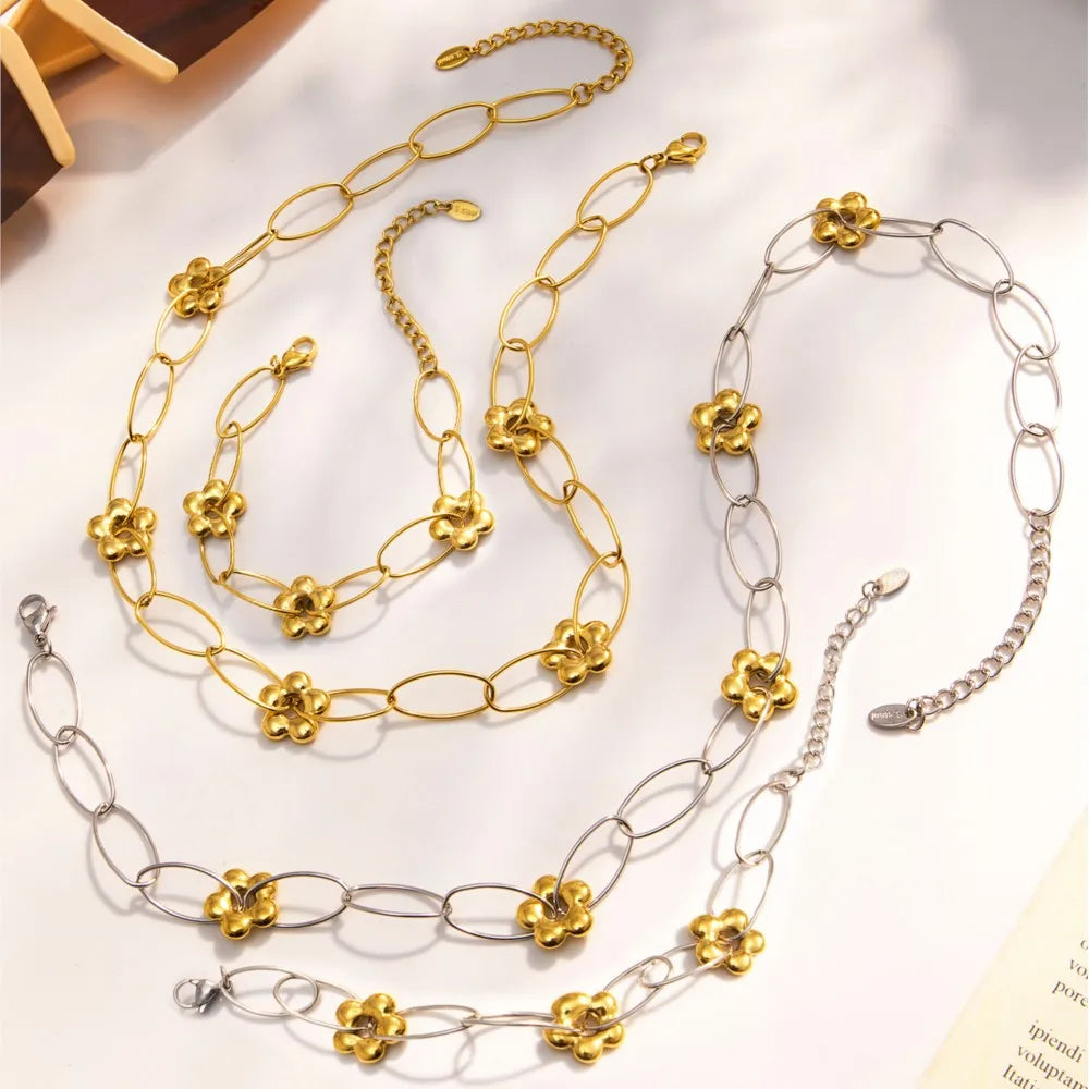 Chain Necklace Bracelet In Stainless Steel With 18k Gold Plated Waterproof Non Tarnish Bracelets Necklaces Jewelry Set For Women