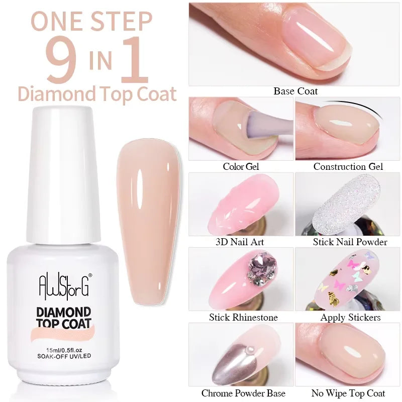 AWStorG 15ml One Step Gel Polish 9 In 1 Diamond Top Coat  Reinforce Long Lasting UV Soak Off Gel Varnish High Light Nail Art