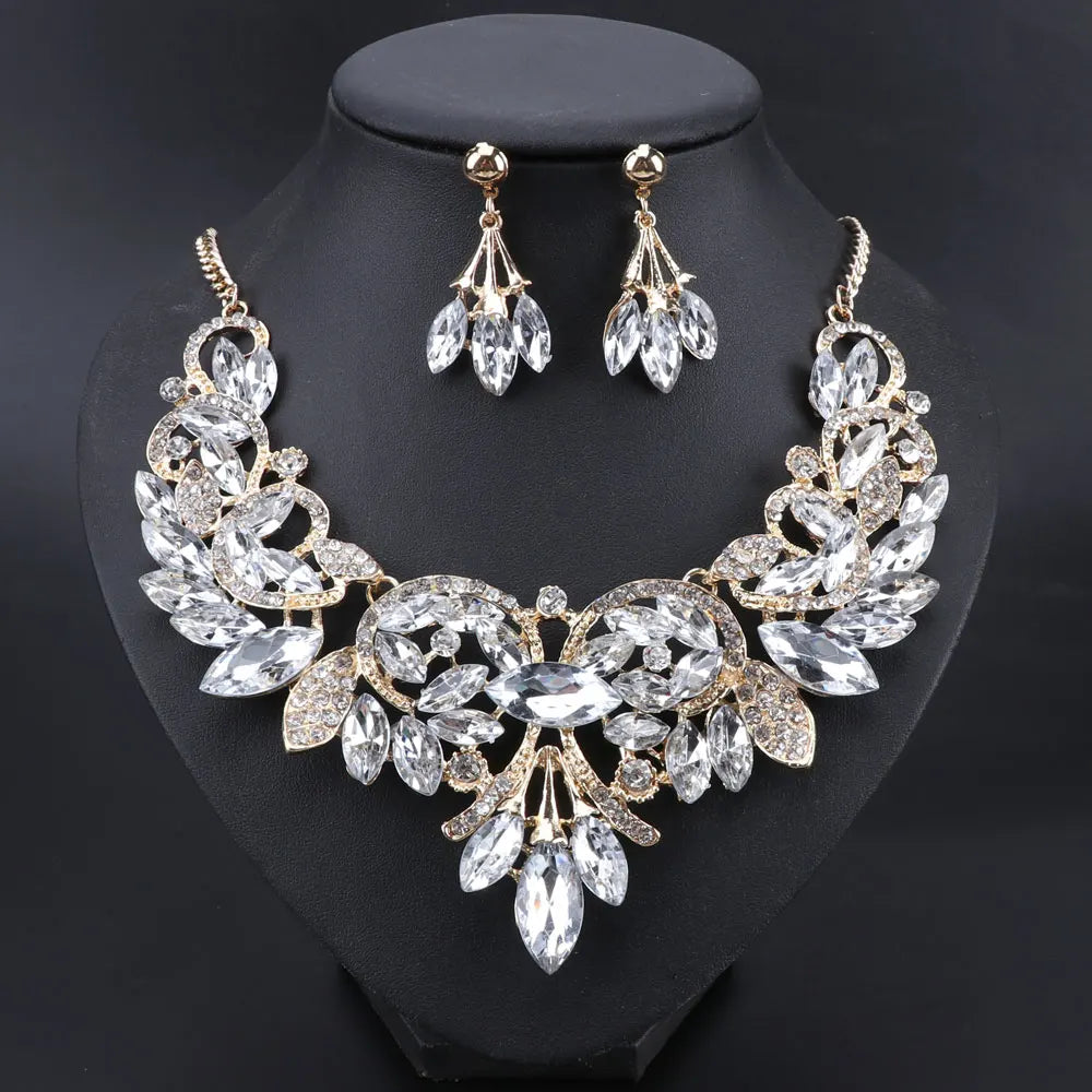 New Luxury Indian Bridal Jewelry Sets Wedding Party Costume Jewellery Womens Fashion Gifts Leaves Crystal Necklace Earrings Sets