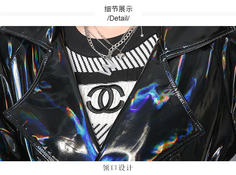 Mauroicardi Spring Soft Thin Flowy Shiny Reflective Holographic Black PVC Faux Leather Trench Coat for Women Maxi Y2K Streetwear
