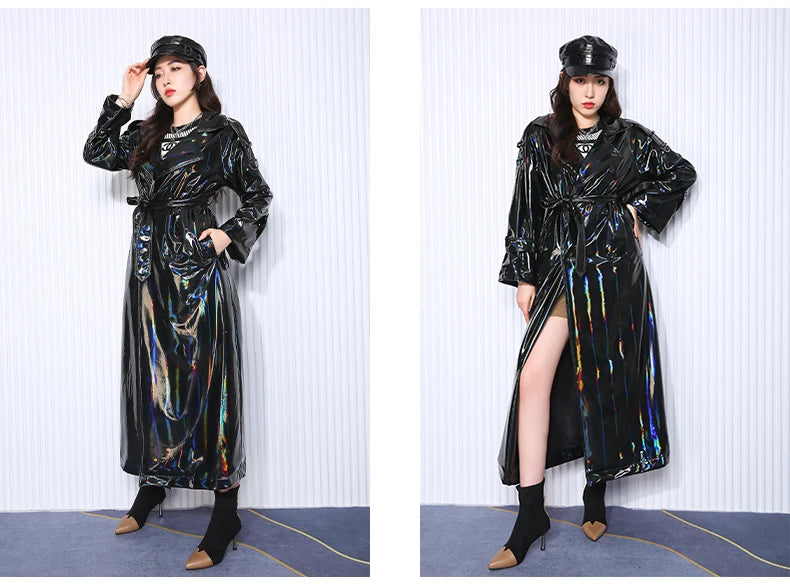 Mauroicardi Spring Soft Thin Flowy Shiny Reflective Holographic Black PVC Faux Leather Trench Coat for Women Maxi Y2K Streetwear