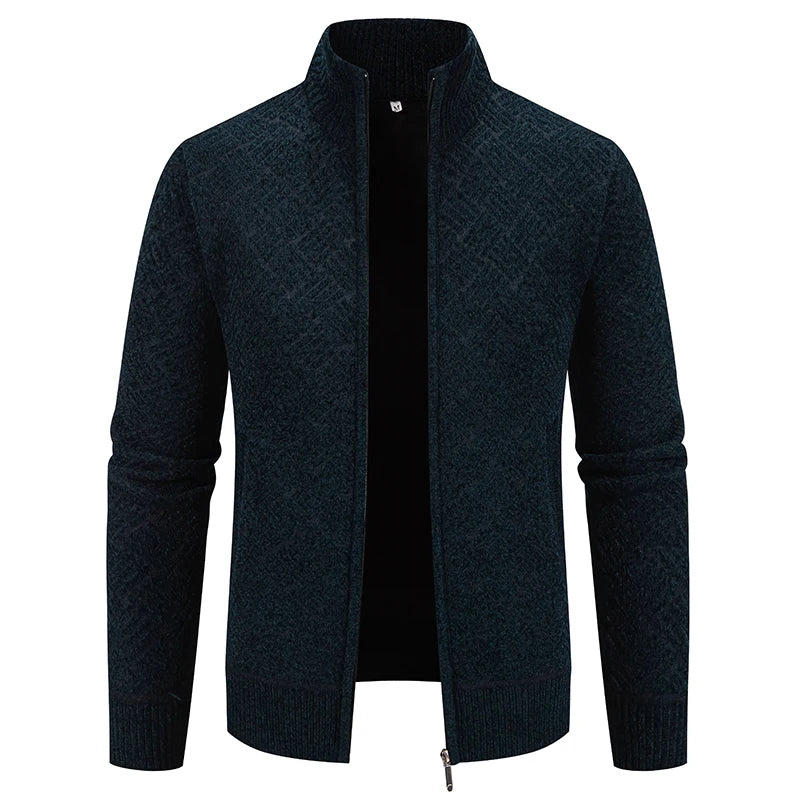 Mens Windproof Jacket Full Zip Fleeced Sweater Cardigan Contrast Stand Collar Sweaters Coat Autumn Winter Velvet Clothes