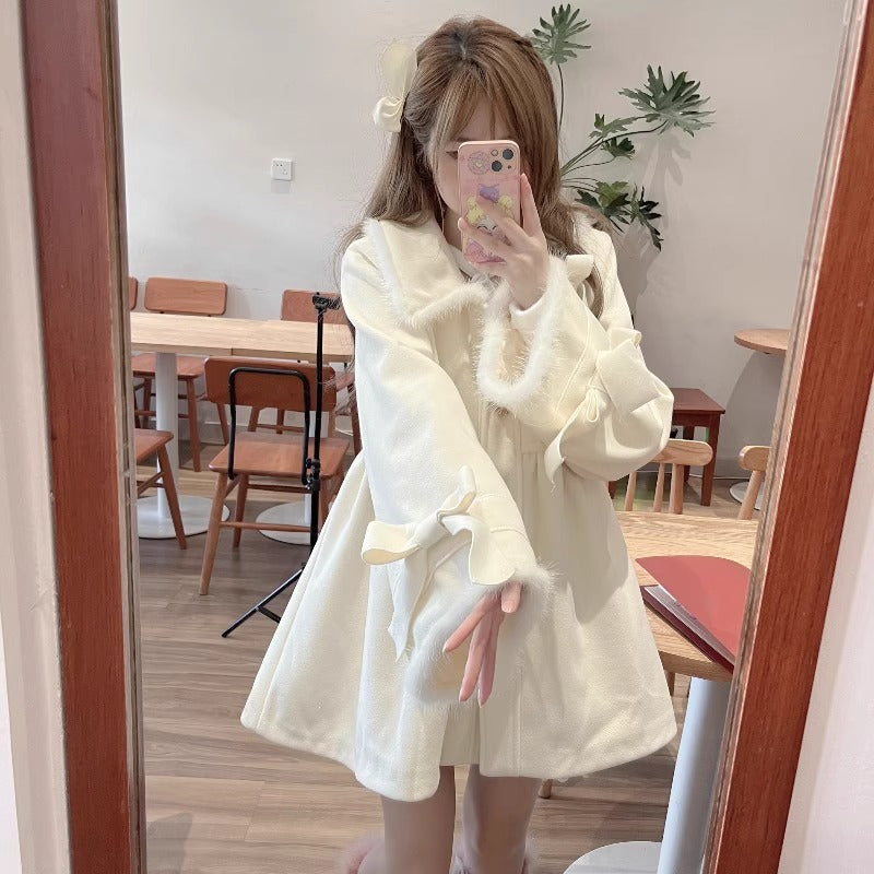 Japanese Wool Coat Women Fall Winter Clothes Fashion White Tunic Outwear 2025 Ropa Mujer Bandage Bow Thicked Jackets Tops Female