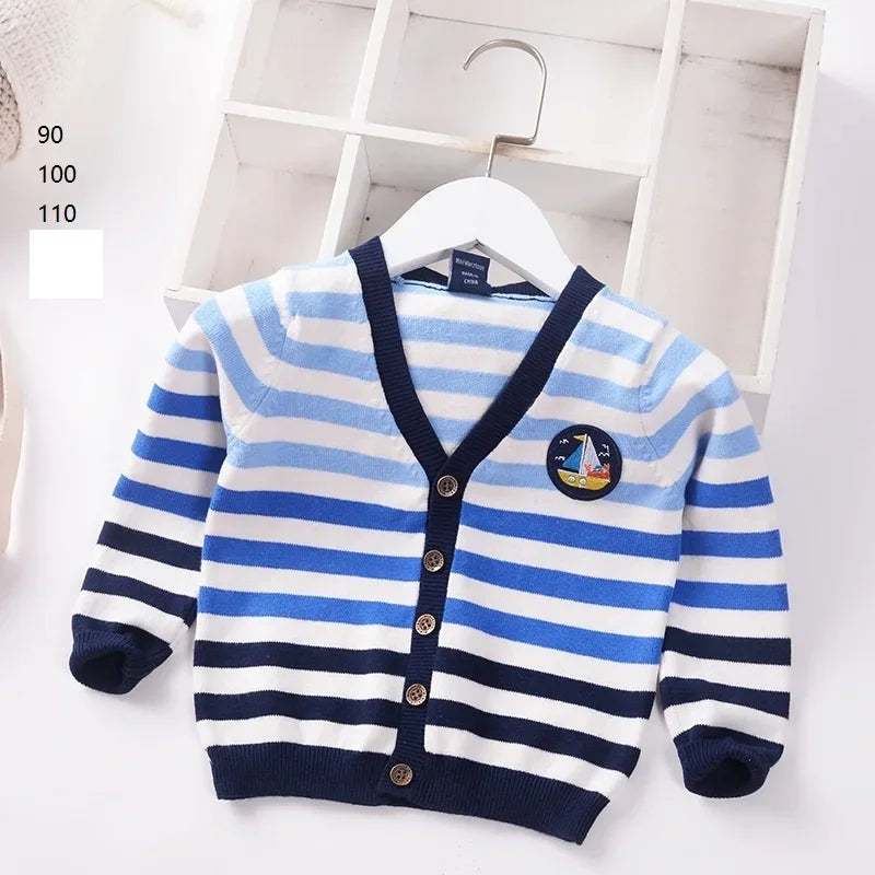 New Boys Cardigan Sweater Autumn Baby Knit Children Coat Kids Cartoon Sweater Clothes V-Neck Stripe Toddler Jacket 0-5y