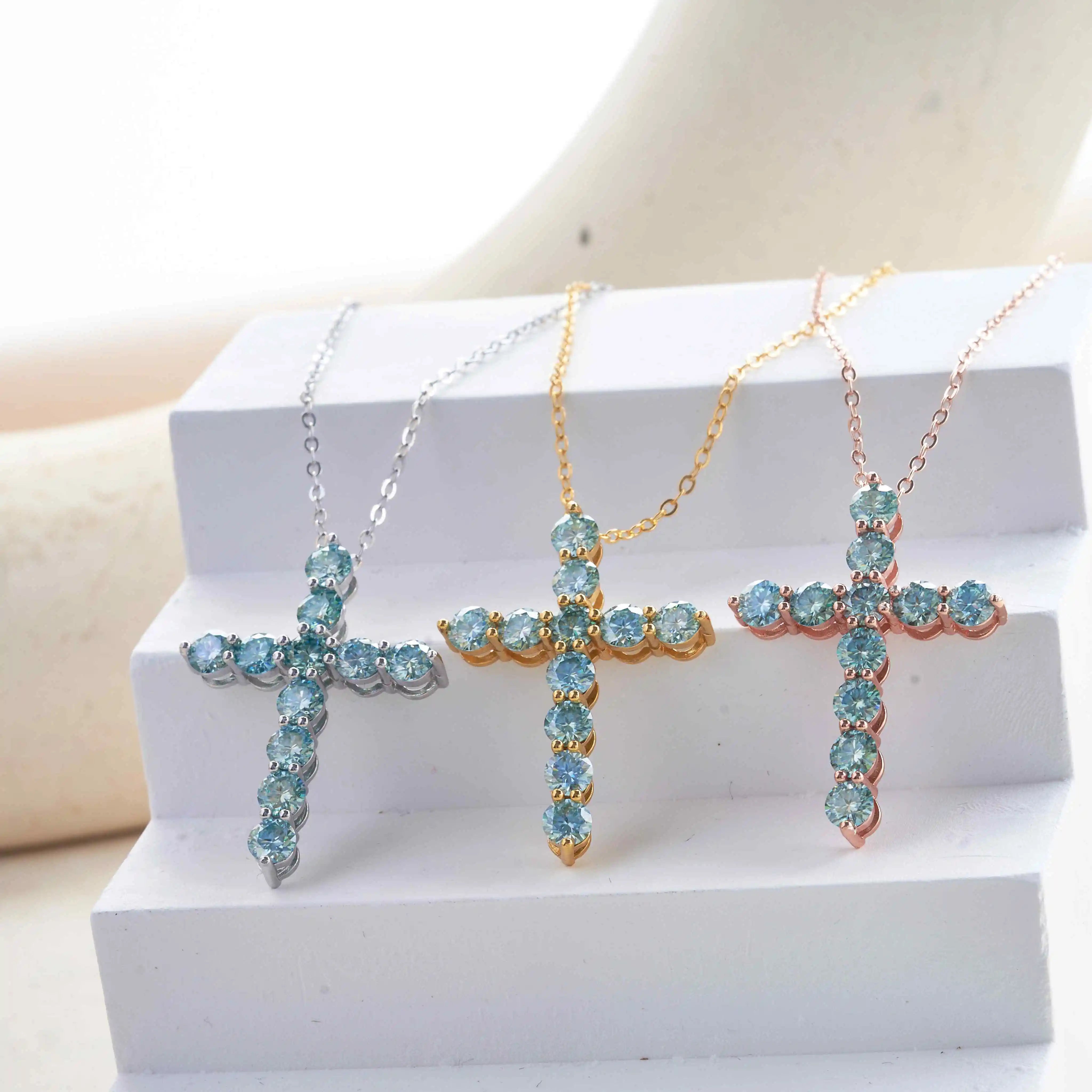 Full Moissanite Cross Pendant Necklace Original 925 Sterling Sliver Chain Plated 18k White Gold Fine Necklace for Women Jewelry