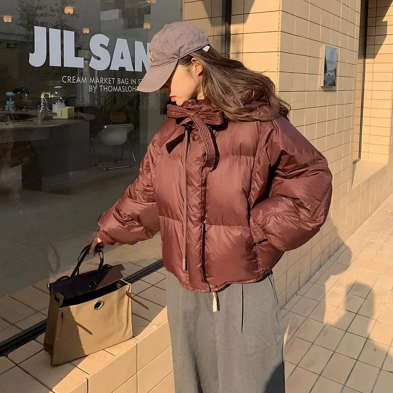 Chic Winter Cotton Coat Cropped Jackets Women Warm Design Parkas Puffer Jacket Bow Tie Streetwear Cold Jacket Winter Clothes