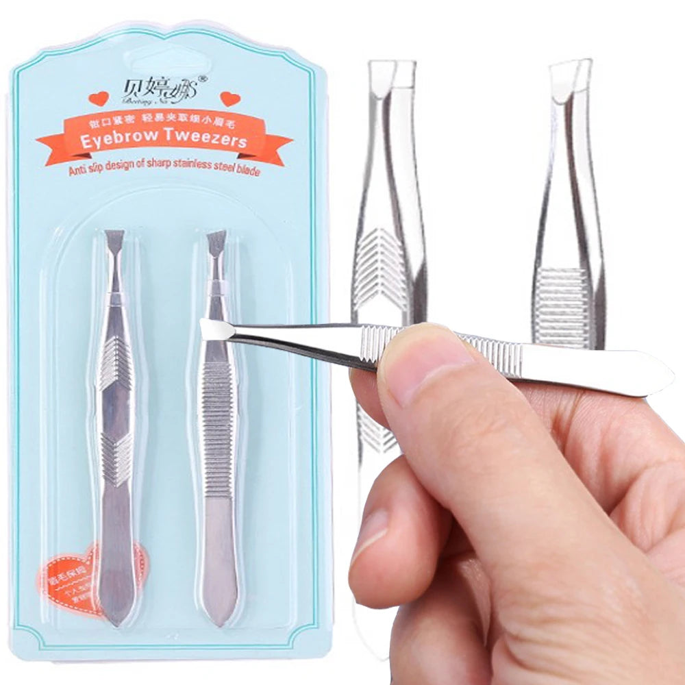 2Pcs/Set Eyebrow Tweezers Face Hair Removal Slanted Flat Tips Stainless Steel Eyelash Clip Brow Trimming Tweezer Makeup Tools
