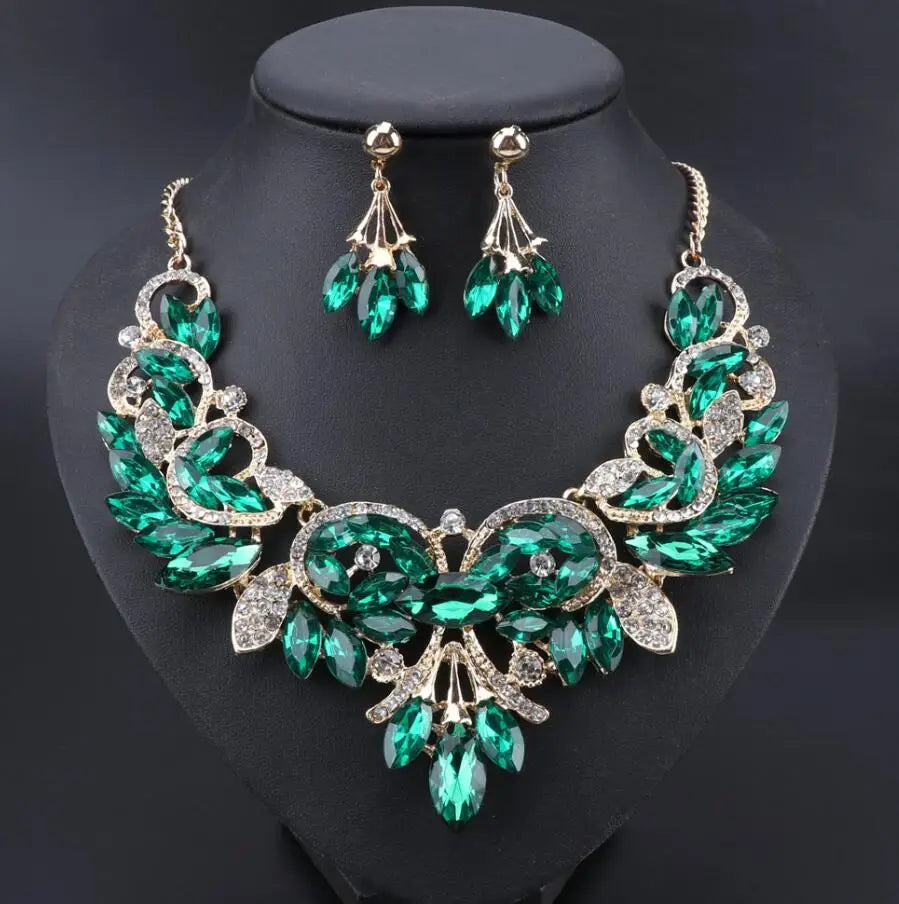 New Luxury Indian Bridal Jewelry Sets Wedding Party Costume Jewellery Womens Fashion Gifts Leaves Crystal Necklace Earrings Sets