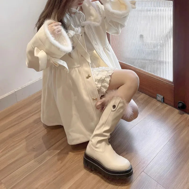 Japanese Wool Coat Women Fall Winter Clothes Fashion White Tunic Outwear 2025 Ropa Mujer Bandage Bow Thicked Jackets Tops Female