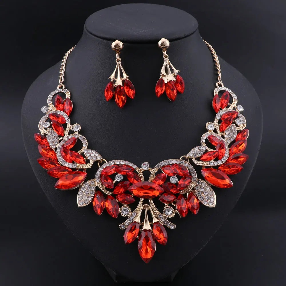 New Luxury Indian Bridal Jewelry Sets Wedding Party Costume Jewellery Womens Fashion Gifts Leaves Crystal Necklace Earrings Sets
