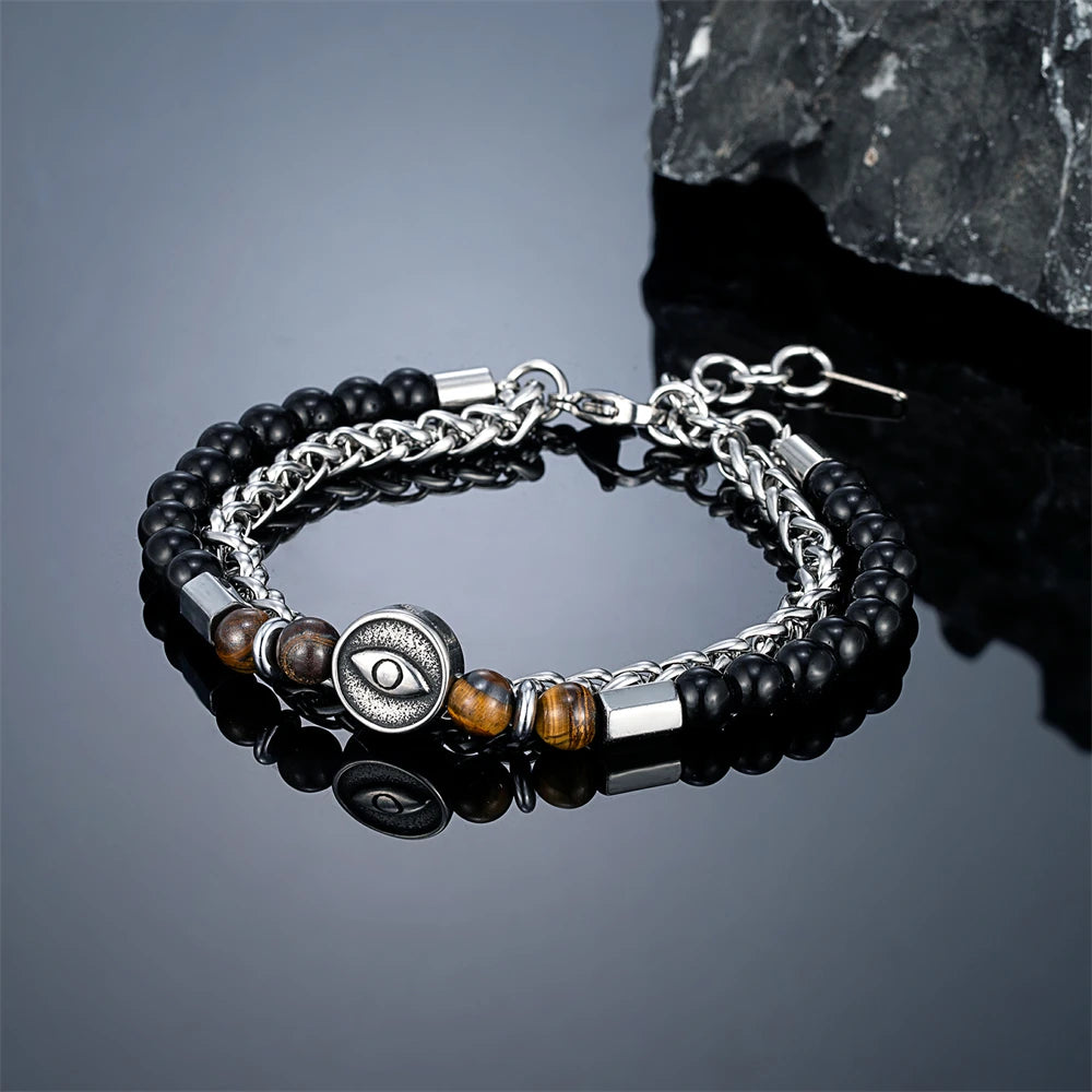 6mmTiger Eye Bead Norse Bear Head Viking Skull Cross Bracelet Men Stainless Steel Eye of Horus/Tree of Life Bangle Charm Jewelry