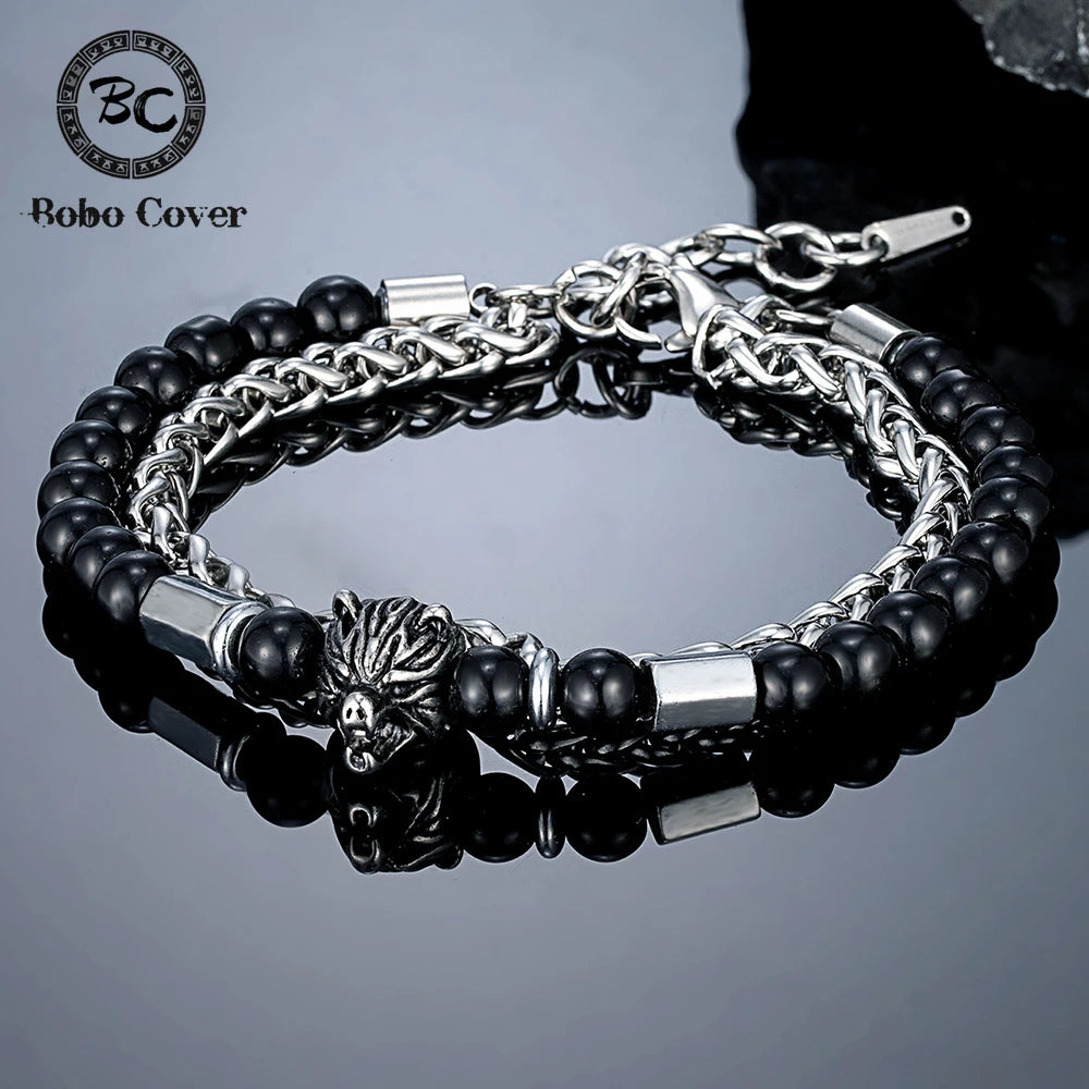 6mmTiger Eye Bead Norse Bear Head Viking Skull Cross Bracelet Men Stainless Steel Eye of Horus/Tree of Life Bangle Charm Jewelry