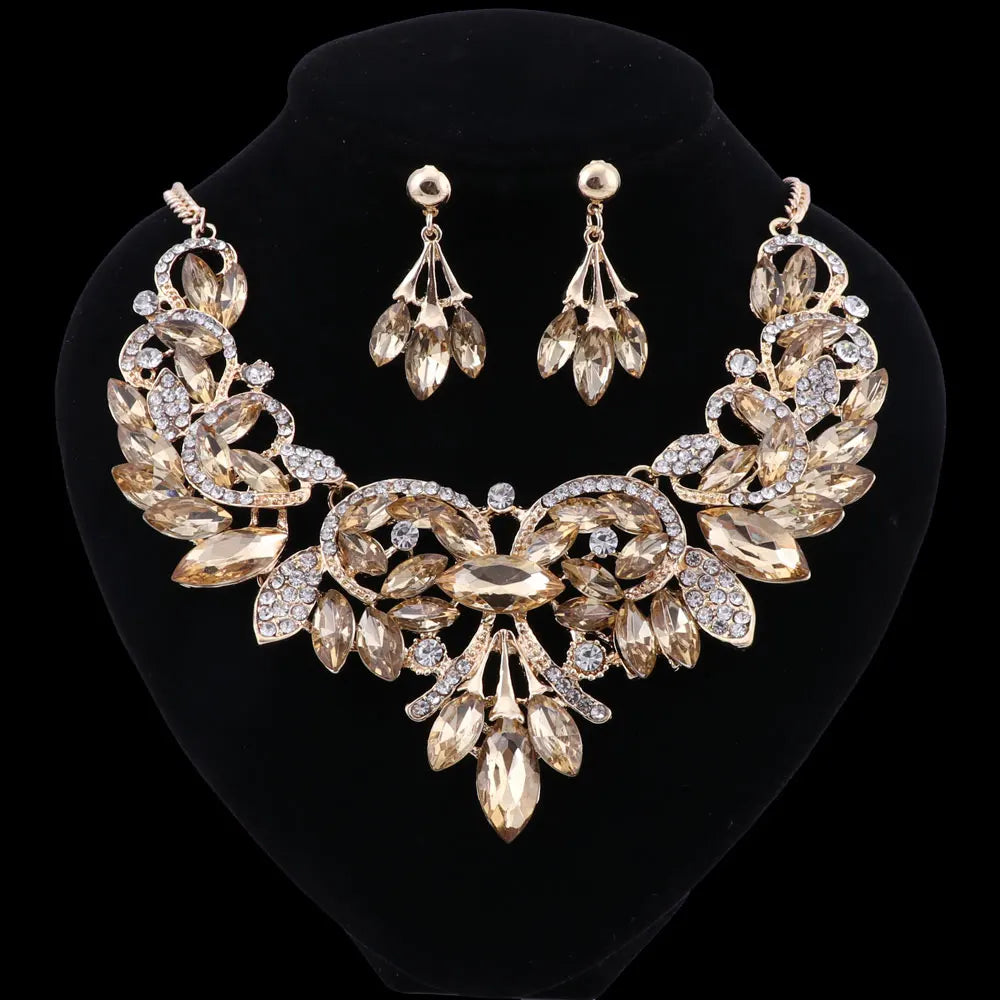 New Luxury Indian Bridal Jewelry Sets Wedding Party Costume Jewellery Womens Fashion Gifts Leaves Crystal Necklace Earrings Sets