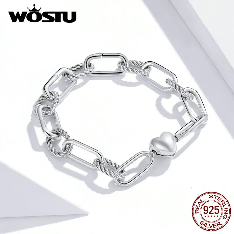 WOSTU Silver Paper Clip Bracelet 925 Sterling Silver Heart Love Chain Bracelets for Women Engagement Jewelry Gift CQB202