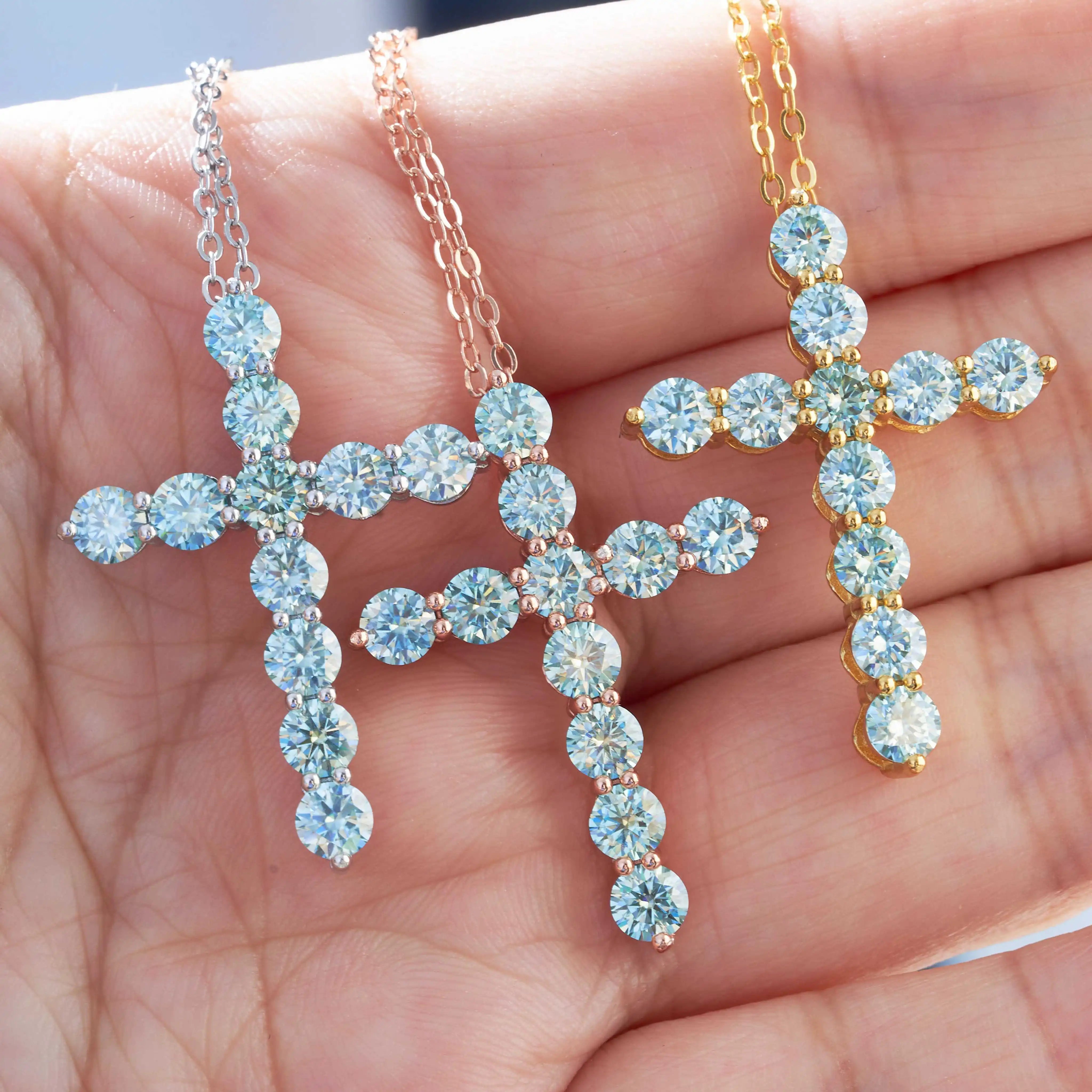 Full Moissanite Cross Pendant Necklace Original 925 Sterling Sliver Chain Plated 18k White Gold Fine Necklace for Women Jewelry