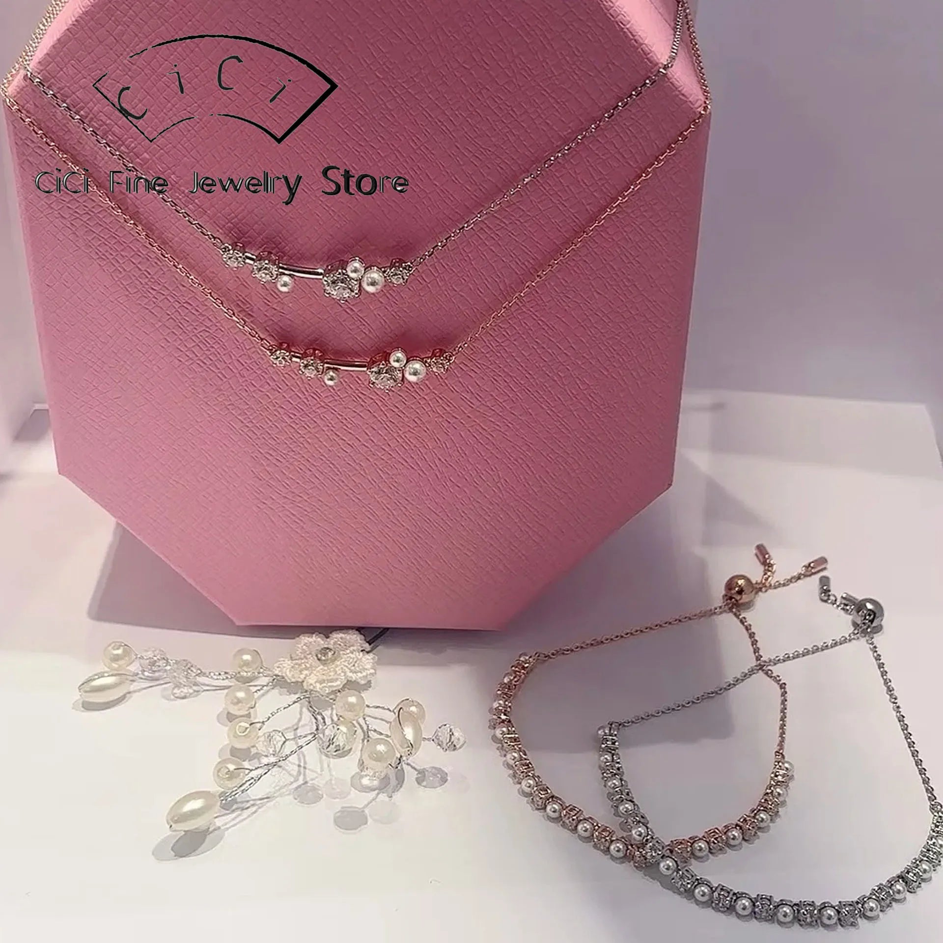 2025 Original Sparkling Crystal with Pearl Fine Jewelry Set Fashion Chain Necklace Earrings Bracelet Ring for Women Wedding Gift