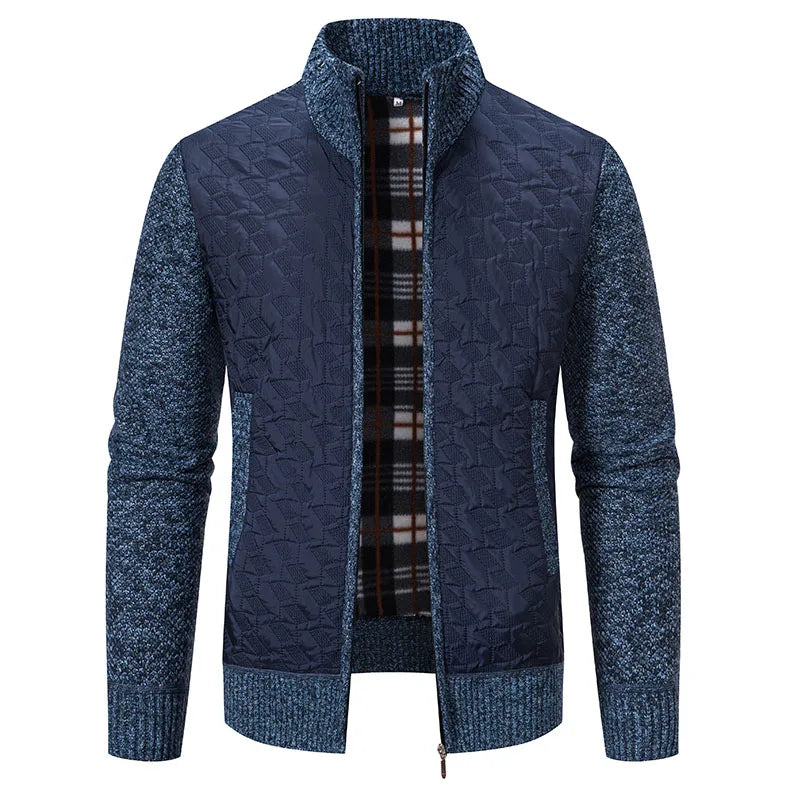 Mens Windproof Jacket Full Zip Fleeced Sweater Cardigan Contrast Stand Collar Sweaters Coat Autumn Winter Velvet Clothes