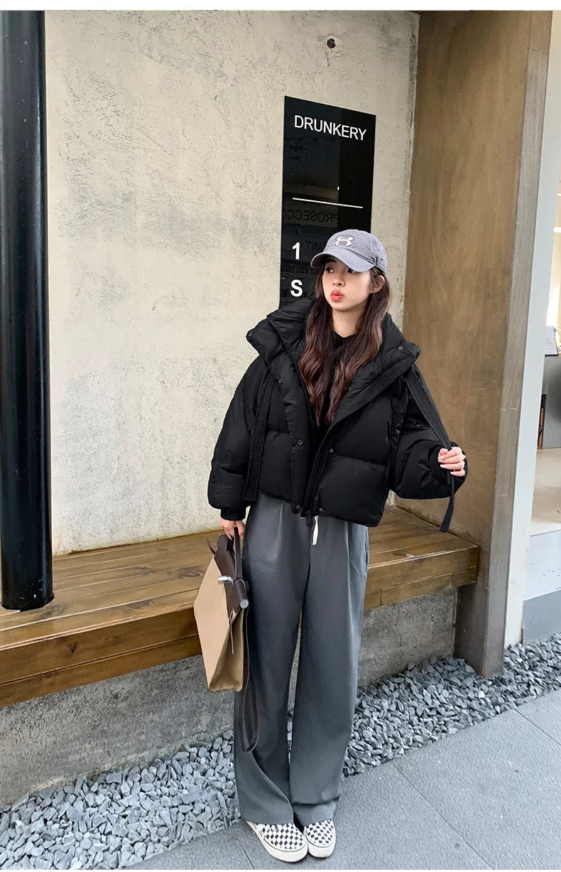 Chic Winter Cotton Coat Cropped Jackets Women Warm Design Parkas Puffer Jacket Bow Tie Streetwear Cold Jacket Winter Clothes