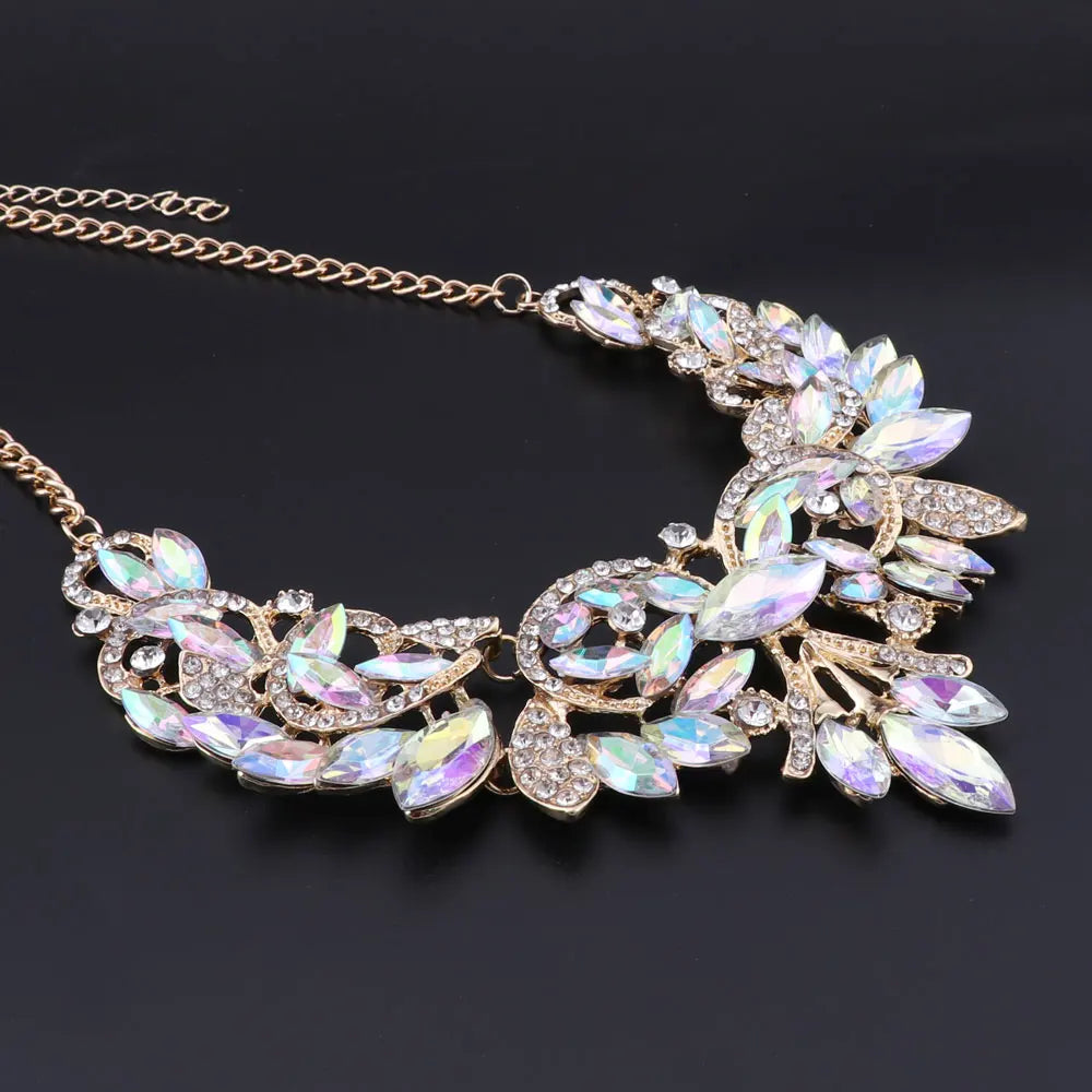 New Luxury Indian Bridal Jewelry Sets Wedding Party Costume Jewellery Womens Fashion Gifts Leaves Crystal Necklace Earrings Sets