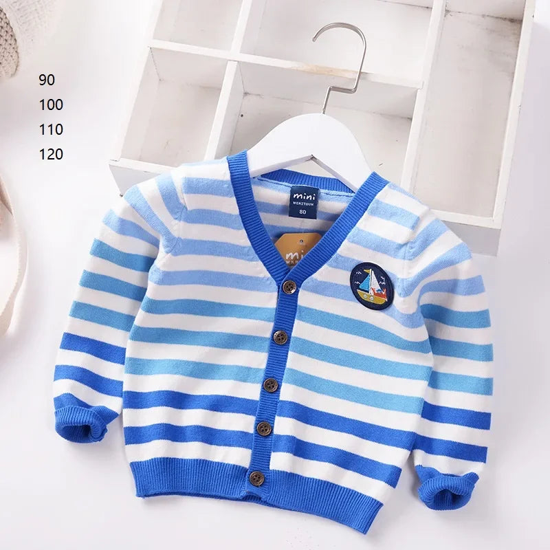 New Boys Cardigan Sweater Autumn Baby Knit Children Coat Kids Cartoon Sweater Clothes V-Neck Stripe Toddler Jacket 0-5y