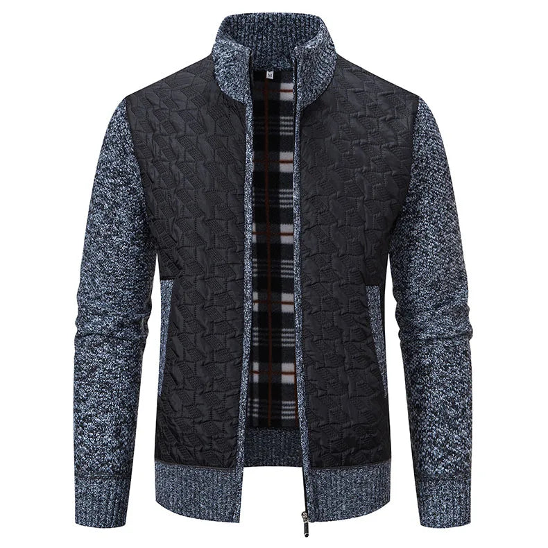 Mens Windproof Jacket Full Zip Fleeced Sweater Cardigan Contrast Stand Collar Sweaters Coat Autumn Winter Velvet Clothes