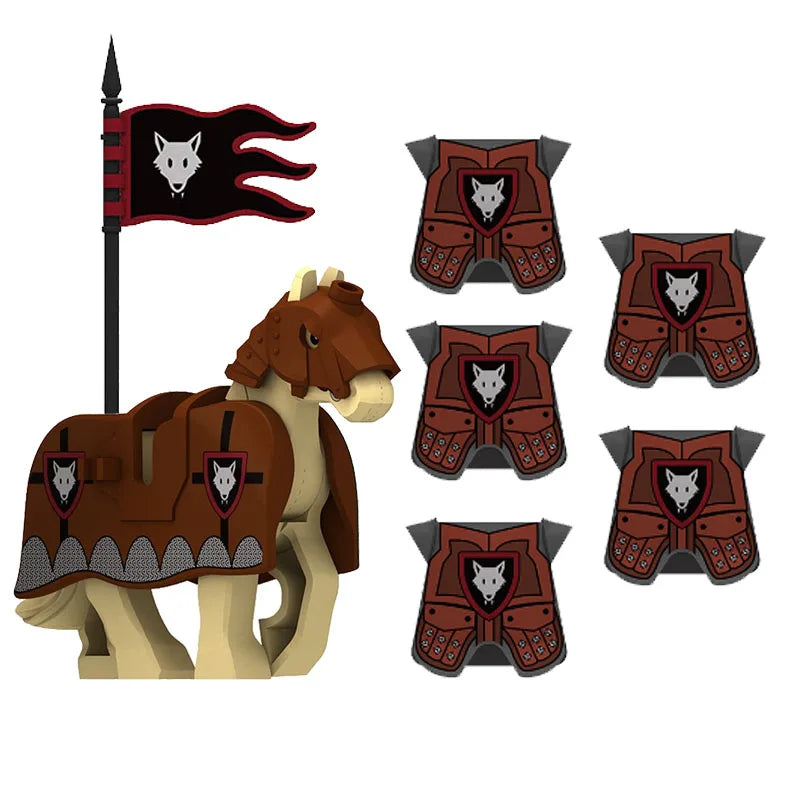 Medieval Military MOC Castle Knight Accessory Building Blocks Warhorse Cape Plush Coat Vest Shield Flag Kit Mini Toy Bricks Gift