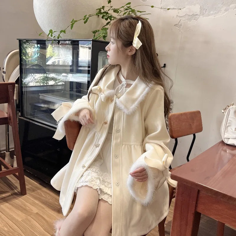 Japanese Wool Coat Women Fall Winter Clothes Fashion White Tunic Outwear 2025 Ropa Mujer Bandage Bow Thicked Jackets Tops Female