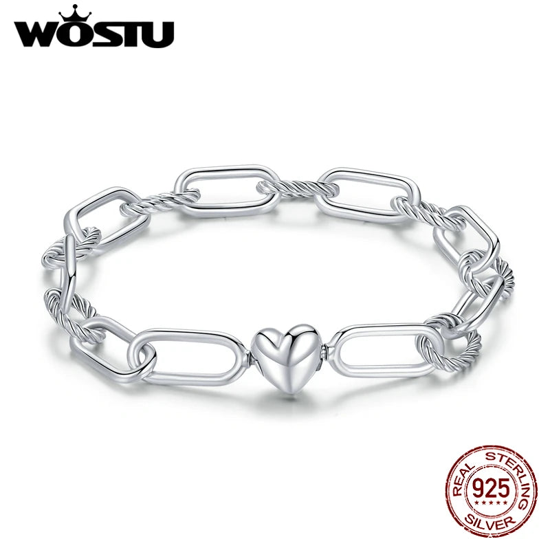WOSTU Silver Paper Clip Bracelet 925 Sterling Silver Heart Love Chain Bracelets for Women Engagement Jewelry Gift CQB202