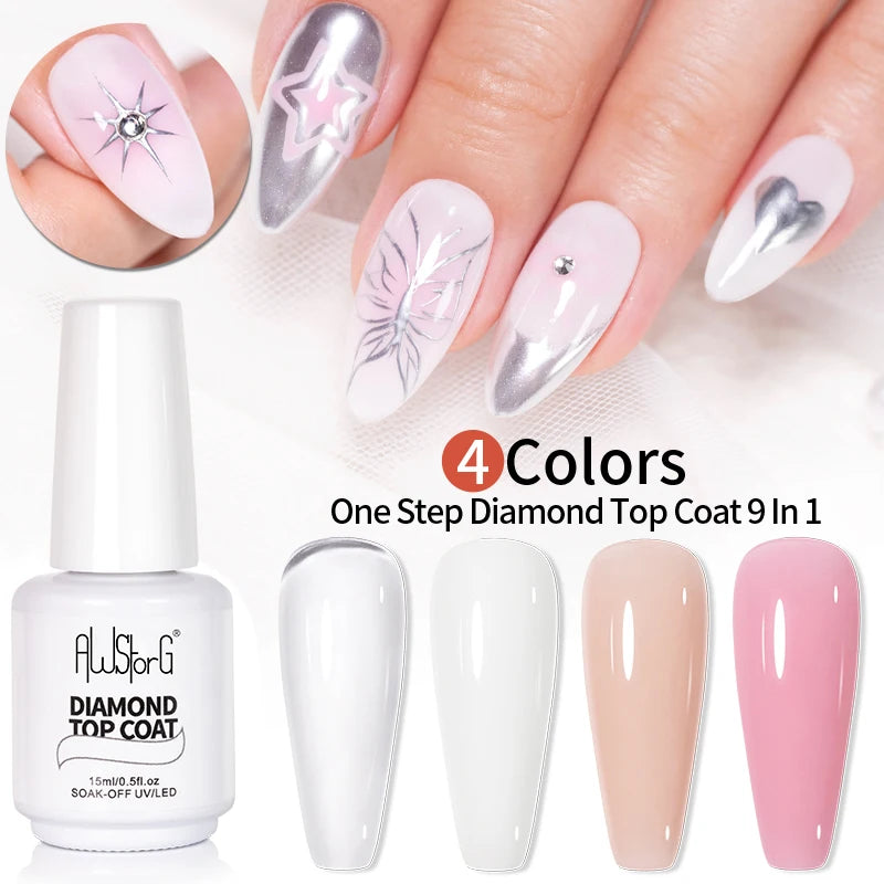 AWStorG 15ml One Step Gel Polish 9 In 1 Diamond Top Coat  Reinforce Long Lasting UV Soak Off Gel Varnish High Light Nail Art