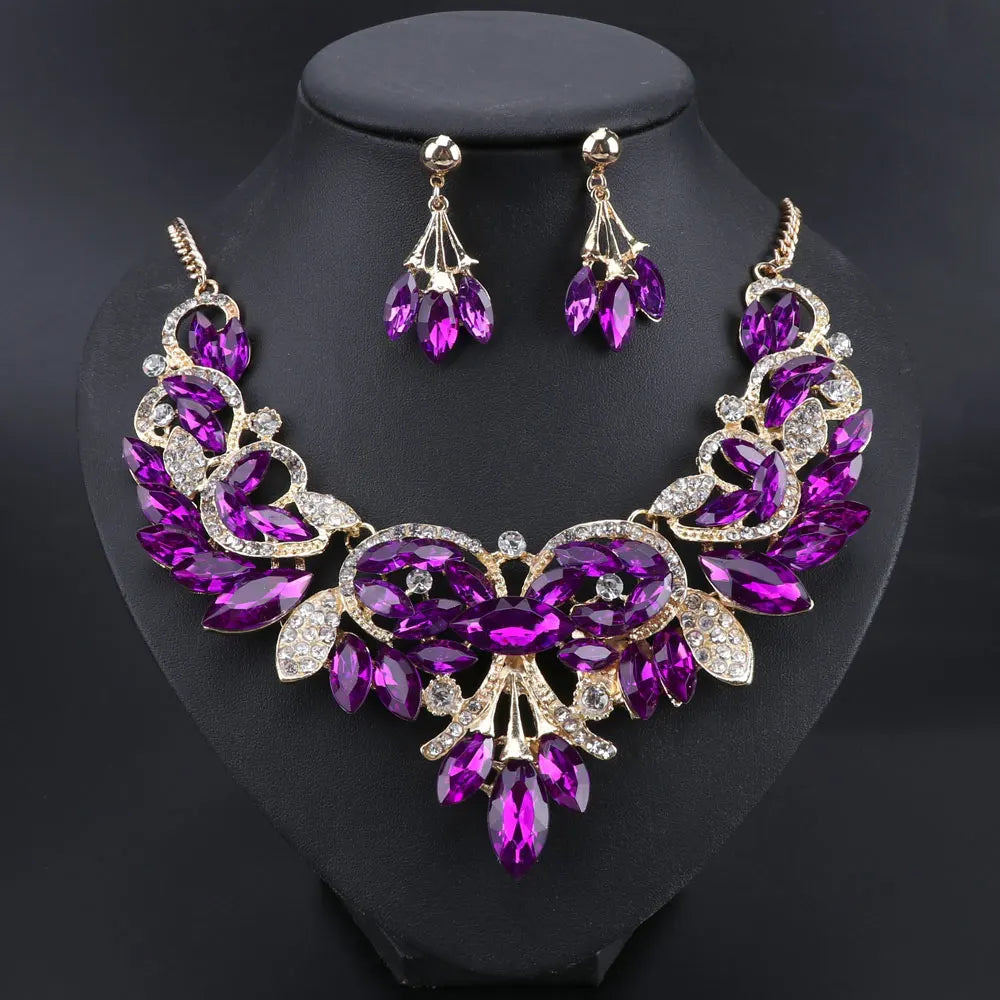 New Luxury Indian Bridal Jewelry Sets Wedding Party Costume Jewellery Womens Fashion Gifts Leaves Crystal Necklace Earrings Sets