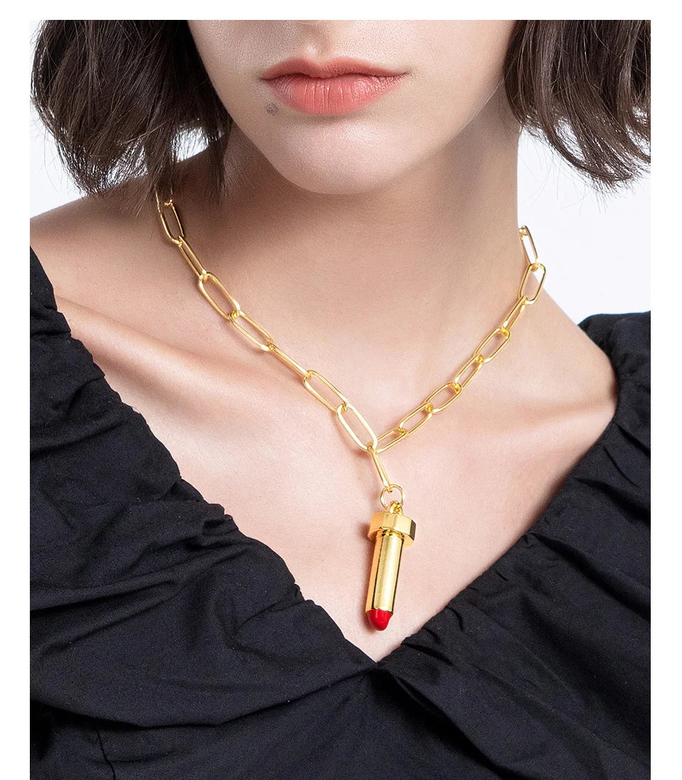 ENFASHION Cute Lipstick Choker Pendant Necklaces For Women Gold Color Necklace 2021 Fashion Jewelry Collar Friends Gift P213199