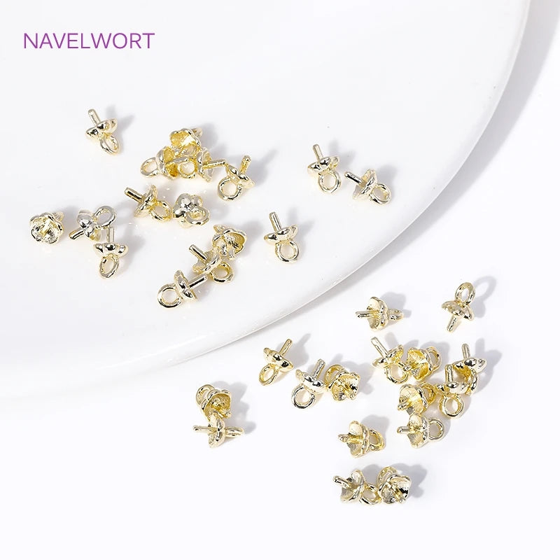 4MM 18K Gold Plated Flower Cup Pearl Pendant Mounting Connectors With Cap And Peg For DIY Jewelry Making Accessories Wholesale