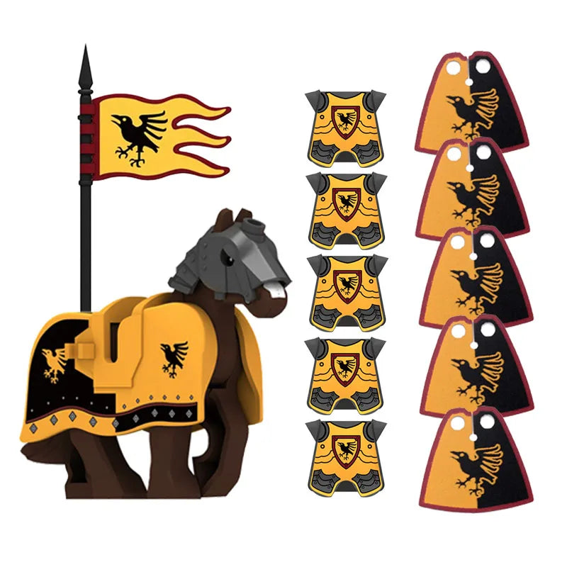 Medieval Military MOC Castle Knight Accessory Building Blocks Warhorse Cape Plush Coat Vest Shield Flag Kit Mini Toy Bricks Gift