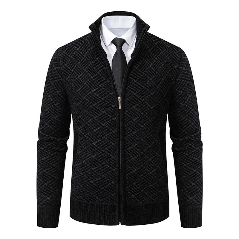 Mens Windproof Jacket Full Zip Fleeced Sweater Cardigan Contrast Stand Collar Sweaters Coat Autumn Winter Velvet Clothes