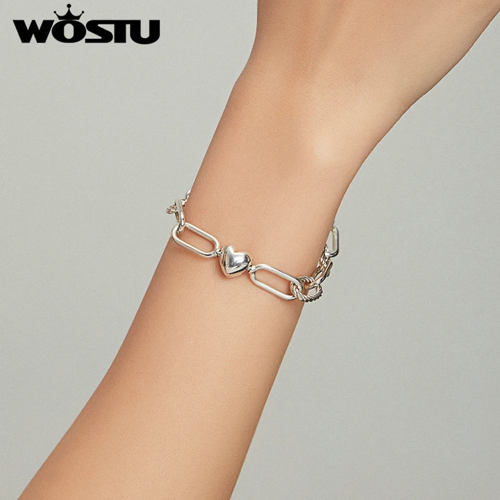 WOSTU Silver Paper Clip Bracelet 925 Sterling Silver Heart Love Chain Bracelets for Women Engagement Jewelry Gift CQB202