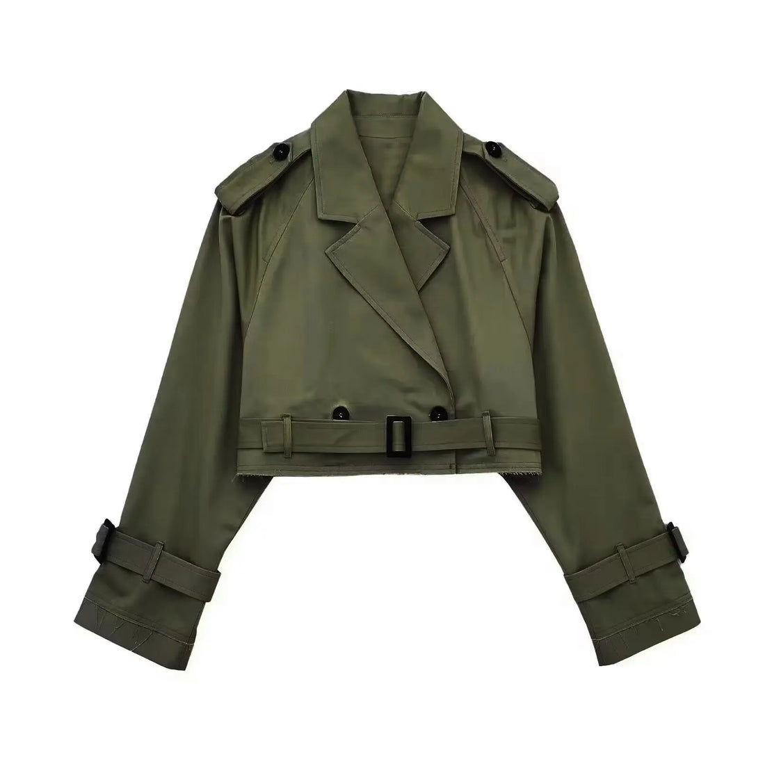 2025 Belt Cropped Trench Spring Jacket Women Vintage Streetwear Double Breasted Long Sleeve Top Female Coat Outfits