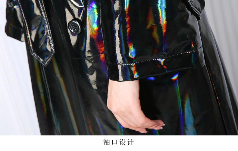 Mauroicardi Spring Soft Thin Flowy Shiny Reflective Holographic Black PVC Faux Leather Trench Coat for Women Maxi Y2K Streetwear