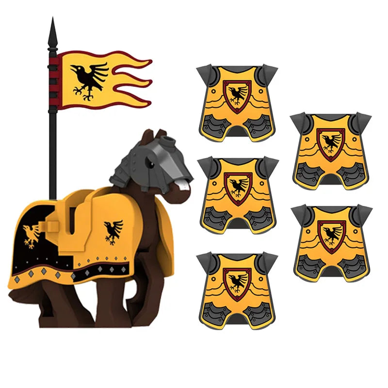 Medieval Military MOC Castle Knight Accessory Building Blocks Warhorse Cape Plush Coat Vest Shield Flag Kit Mini Toy Bricks Gift