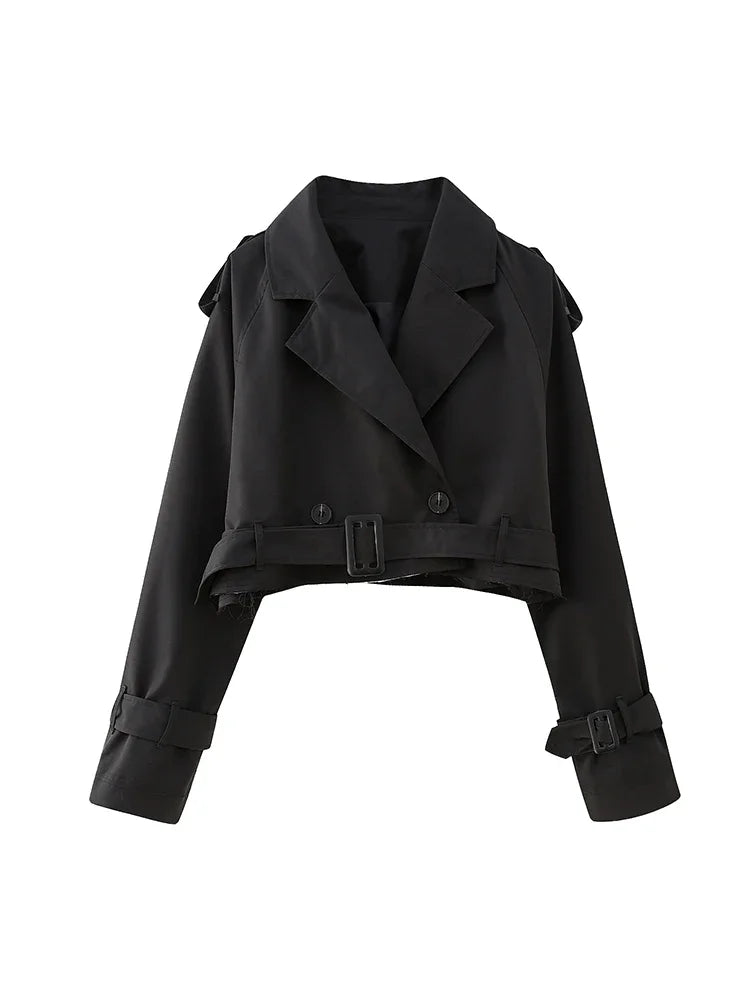 2025 Belt Cropped Trench Spring Jacket Women Vintage Streetwear Double Breasted Long Sleeve Top Female Coat Outfits