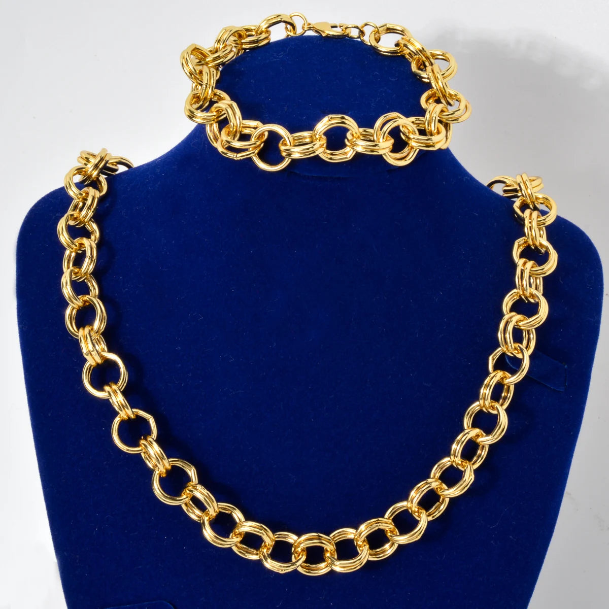 2pcs Gold Plated Necklace Bracelet For Man Women Link Chain Necklace Bracelet O Chain Jewelry Set Punk Hiphop Party Wedding Gift