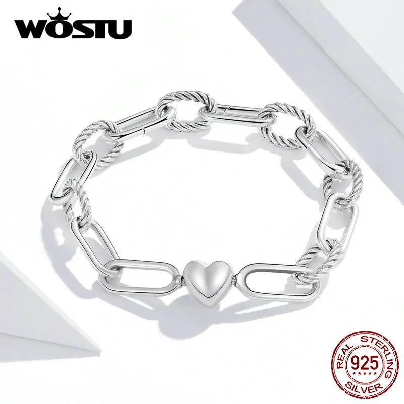 WOSTU Silver Paper Clip Bracelet 925 Sterling Silver Heart Love Chain Bracelets for Women Engagement Jewelry Gift CQB202