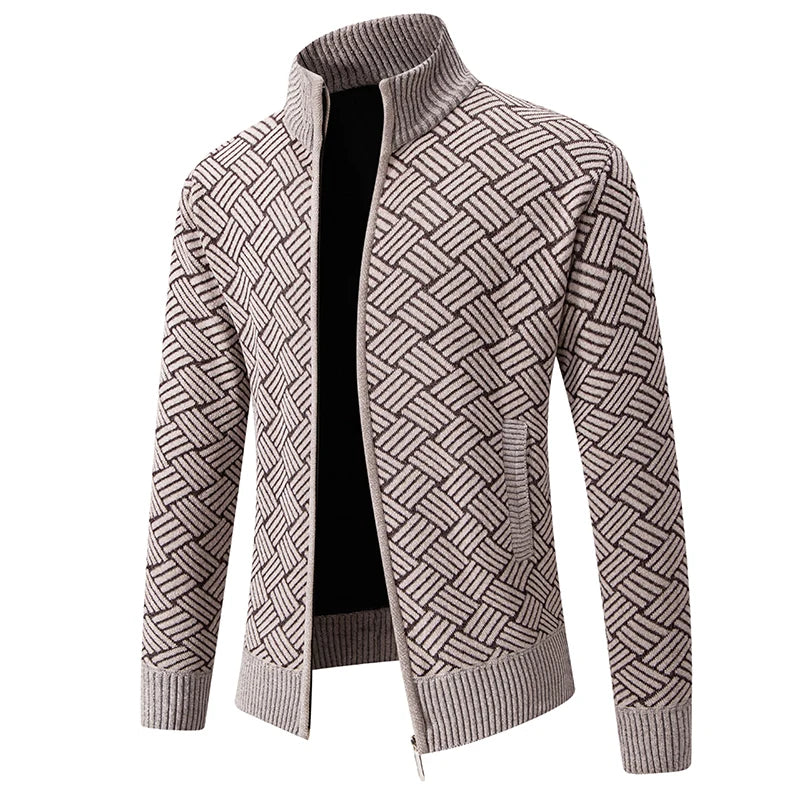 Mens Windproof Jacket Full Zip Fleeced Sweater Cardigan Contrast Stand Collar Sweaters Coat Autumn Winter Velvet Clothes