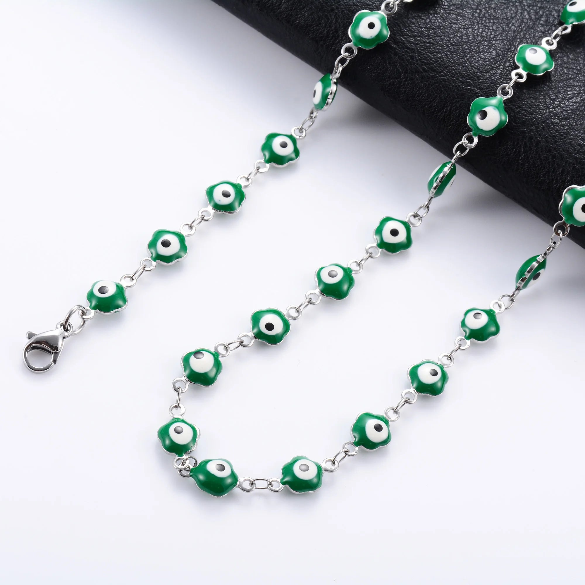 6mm Stainless Steel Turkish Evil Eye Chain Necklace for Women Colorful Beads Flower Shape Charm Choker Bracelets Metal Jewelry