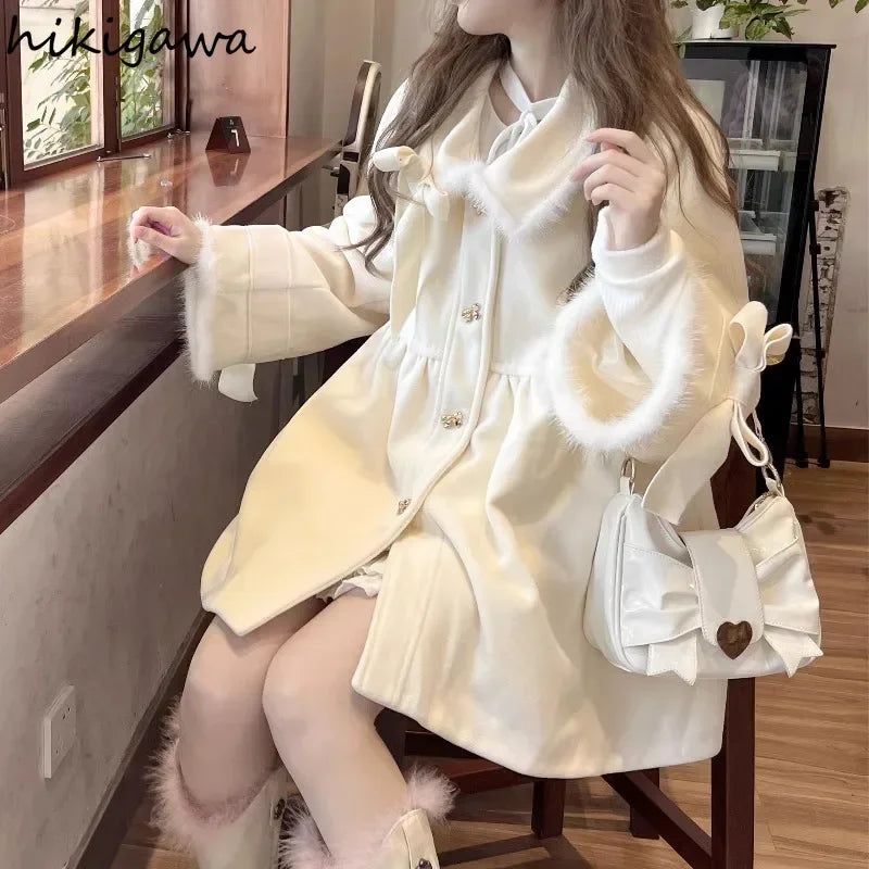 Japanese Wool Coat Women Fall Winter Clothes Fashion White Tunic Outwear 2025 Ropa Mujer Bandage Bow Thicked Jackets Tops Female